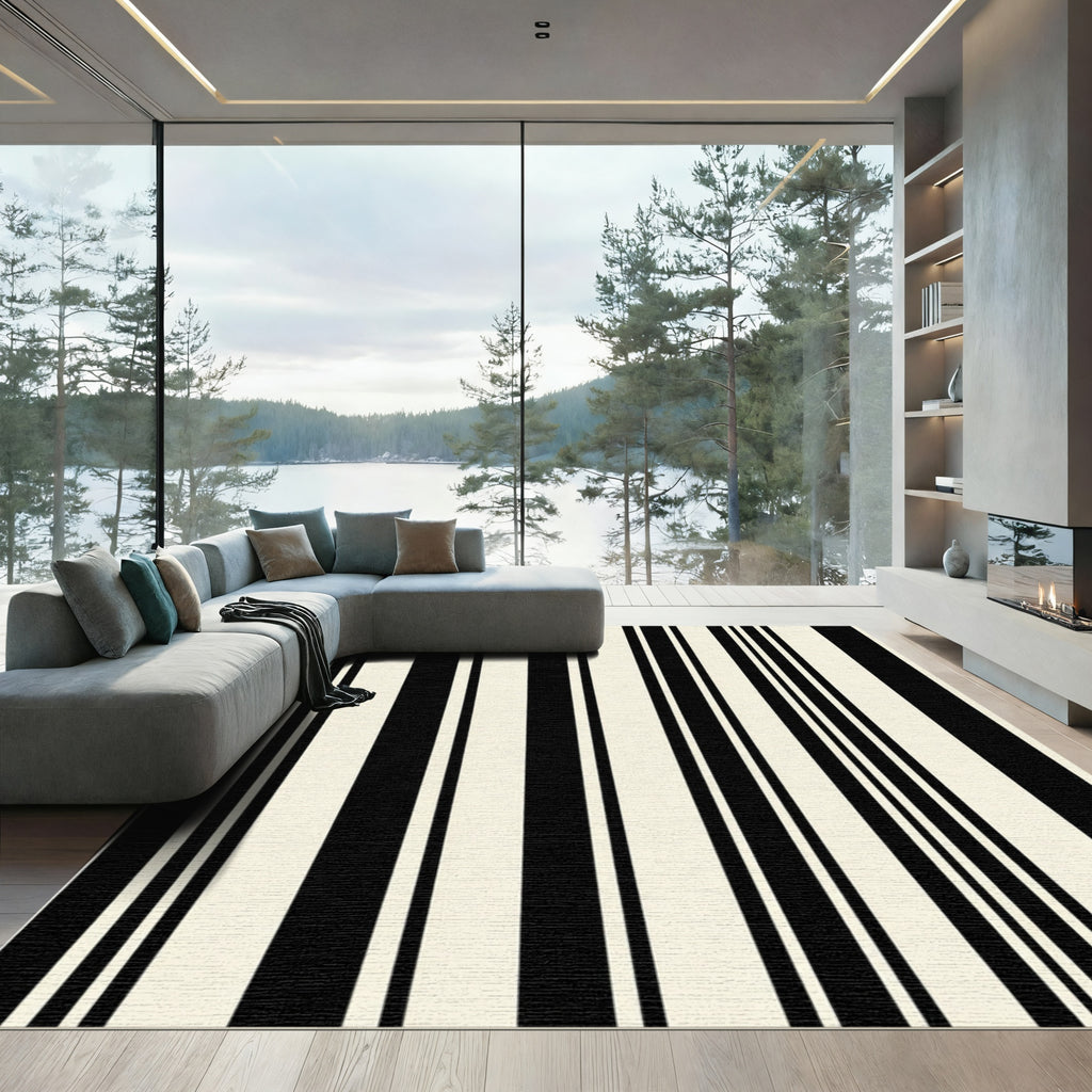 Classic Black Cream Vertical Stripes Rug