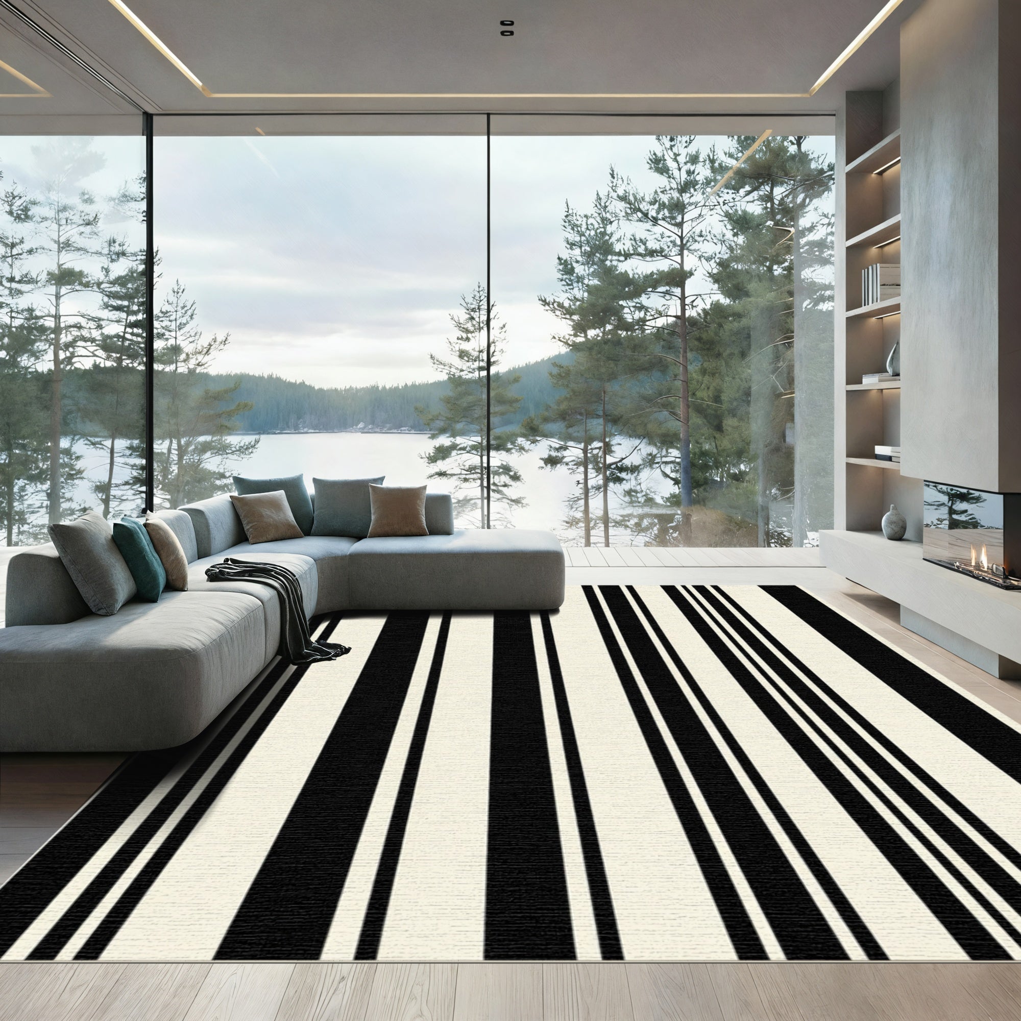 Classic Black Cream Vertical Stripes Rug
