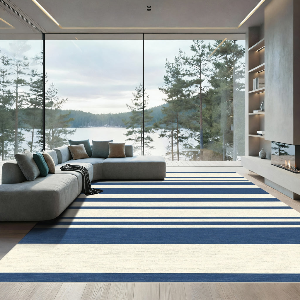 Navy Cream Horizontal Broad Stripe Oval Rug