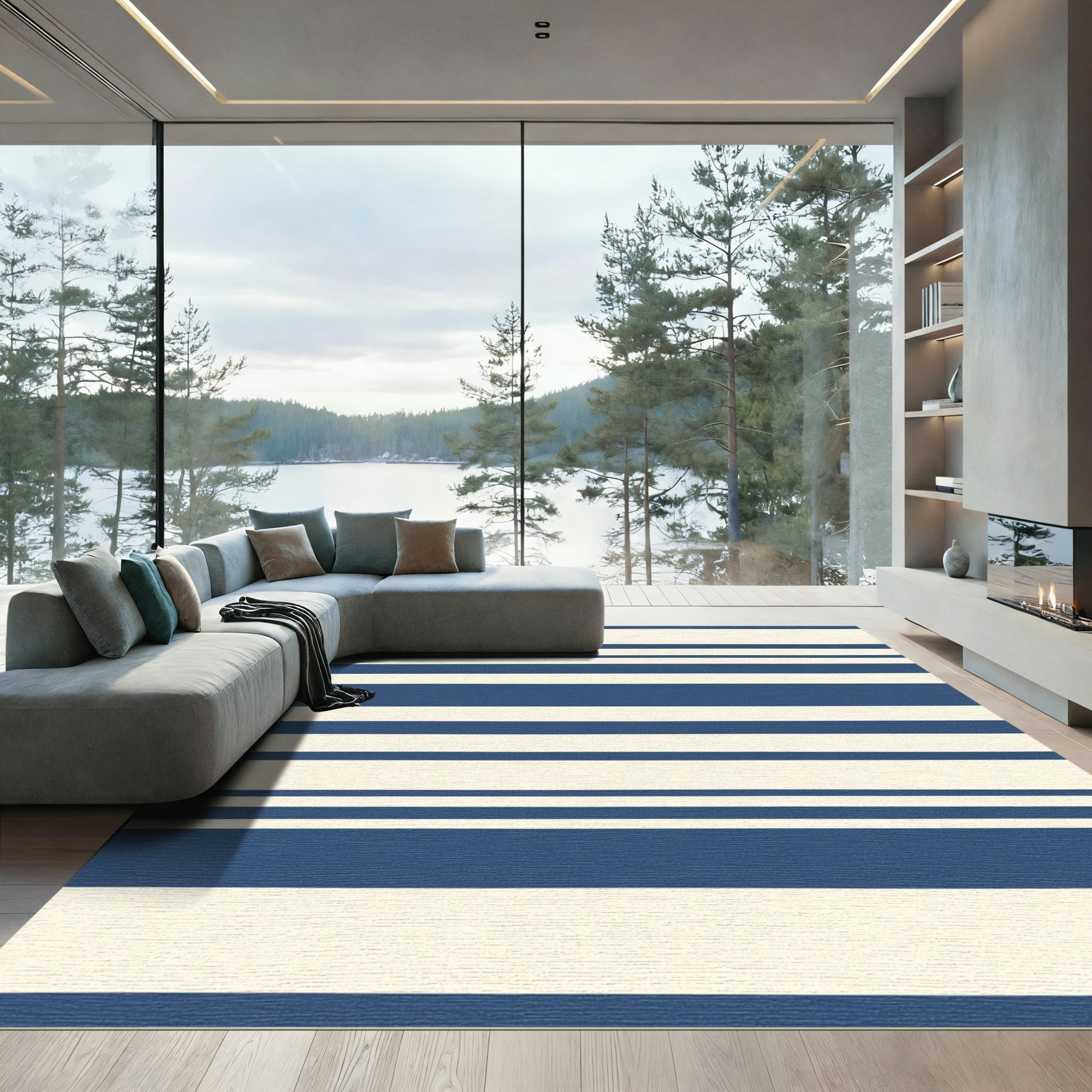 Navy Cream Horizontal Broad Stripe Oval Rug