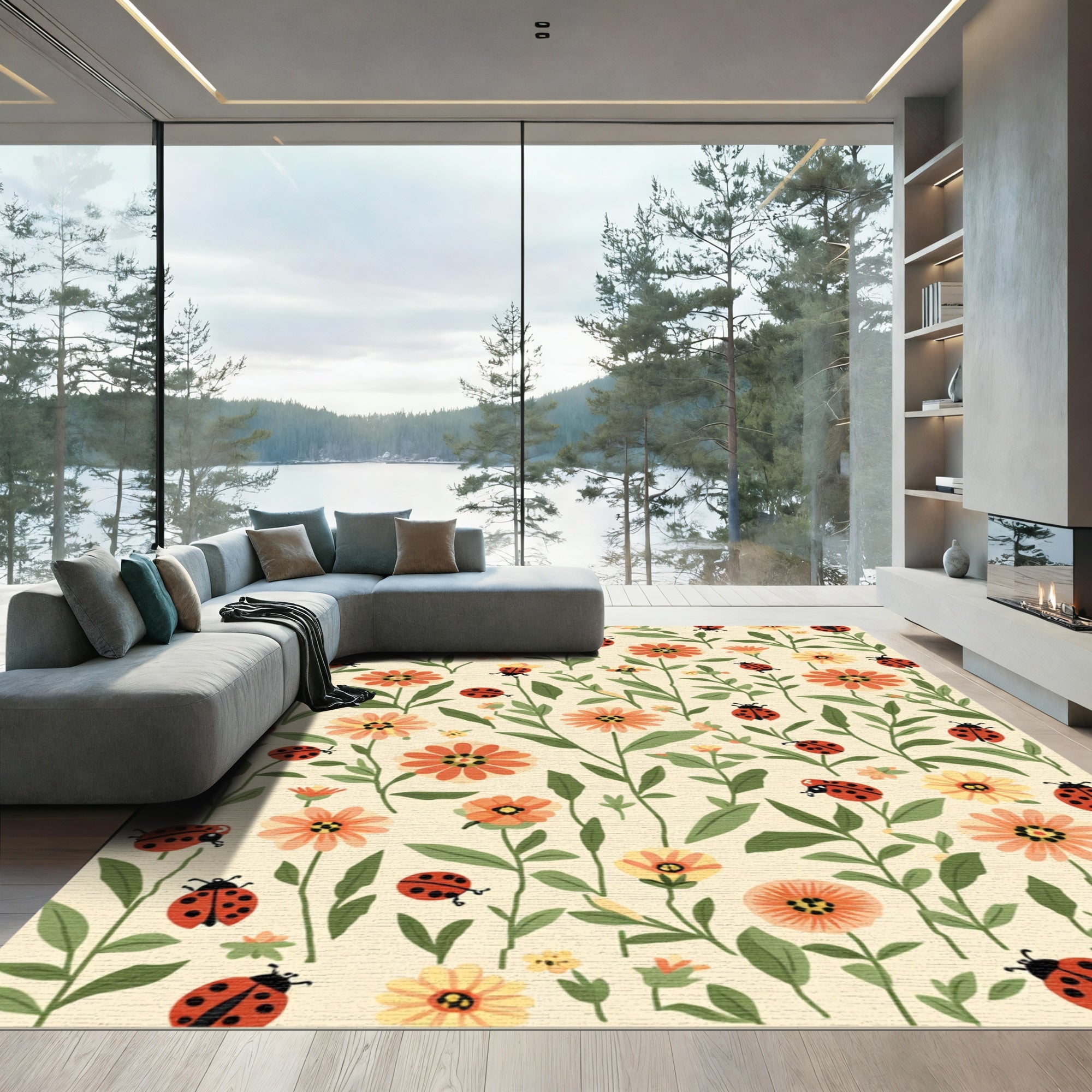 Red Ladybug Floral Garden Print Rug