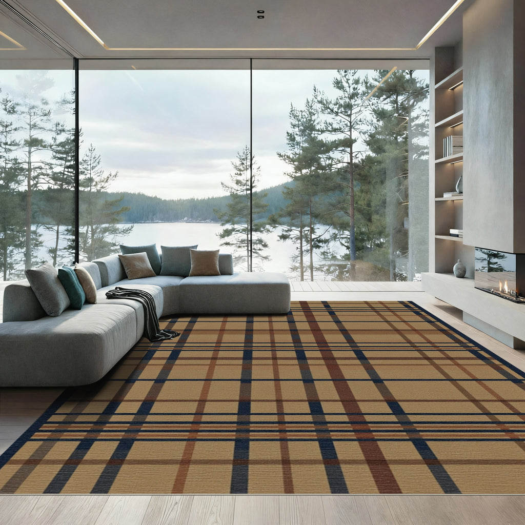Classic Tan Plaid Tartan Grid Rug