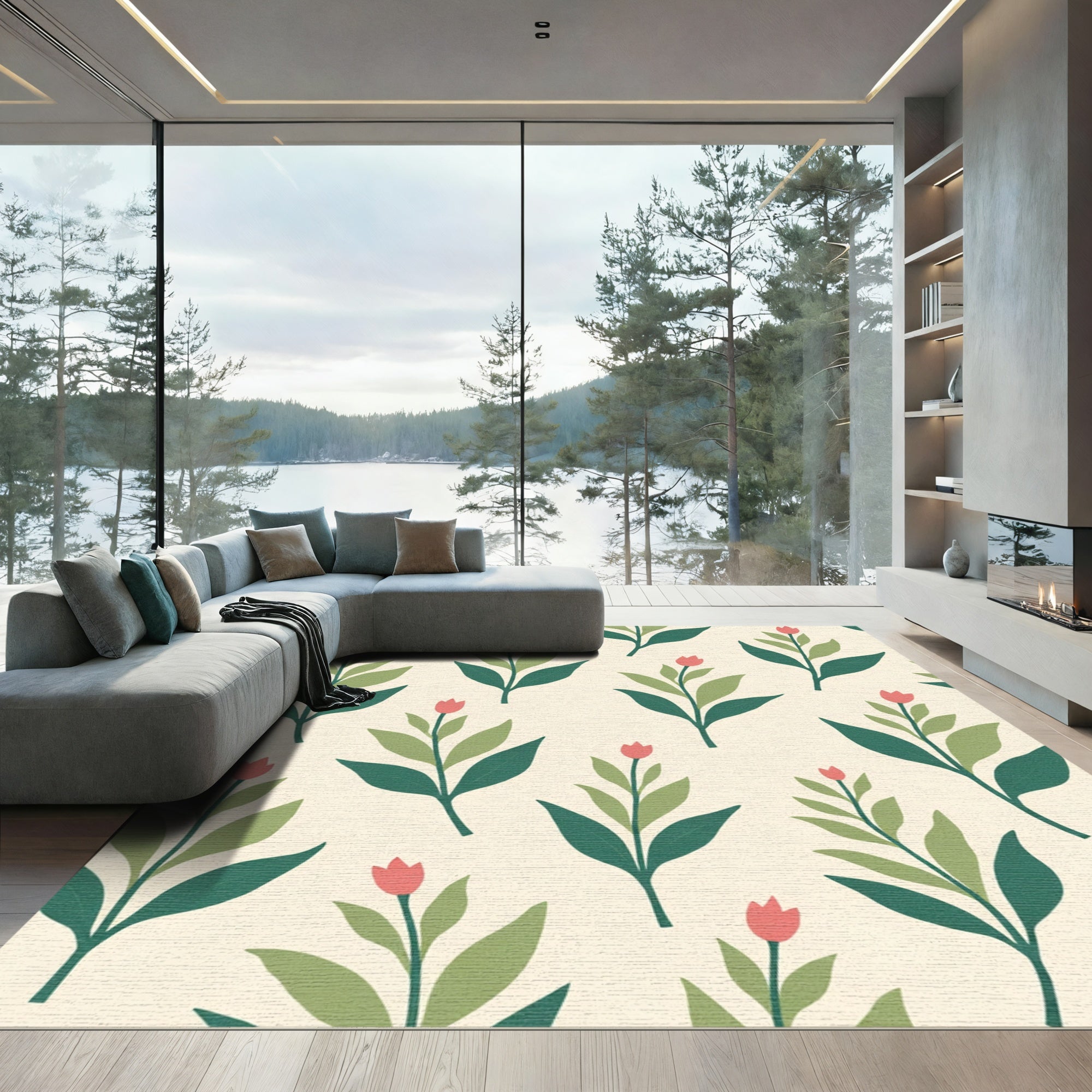 Coral Blossom Green Leaf Garden Rug