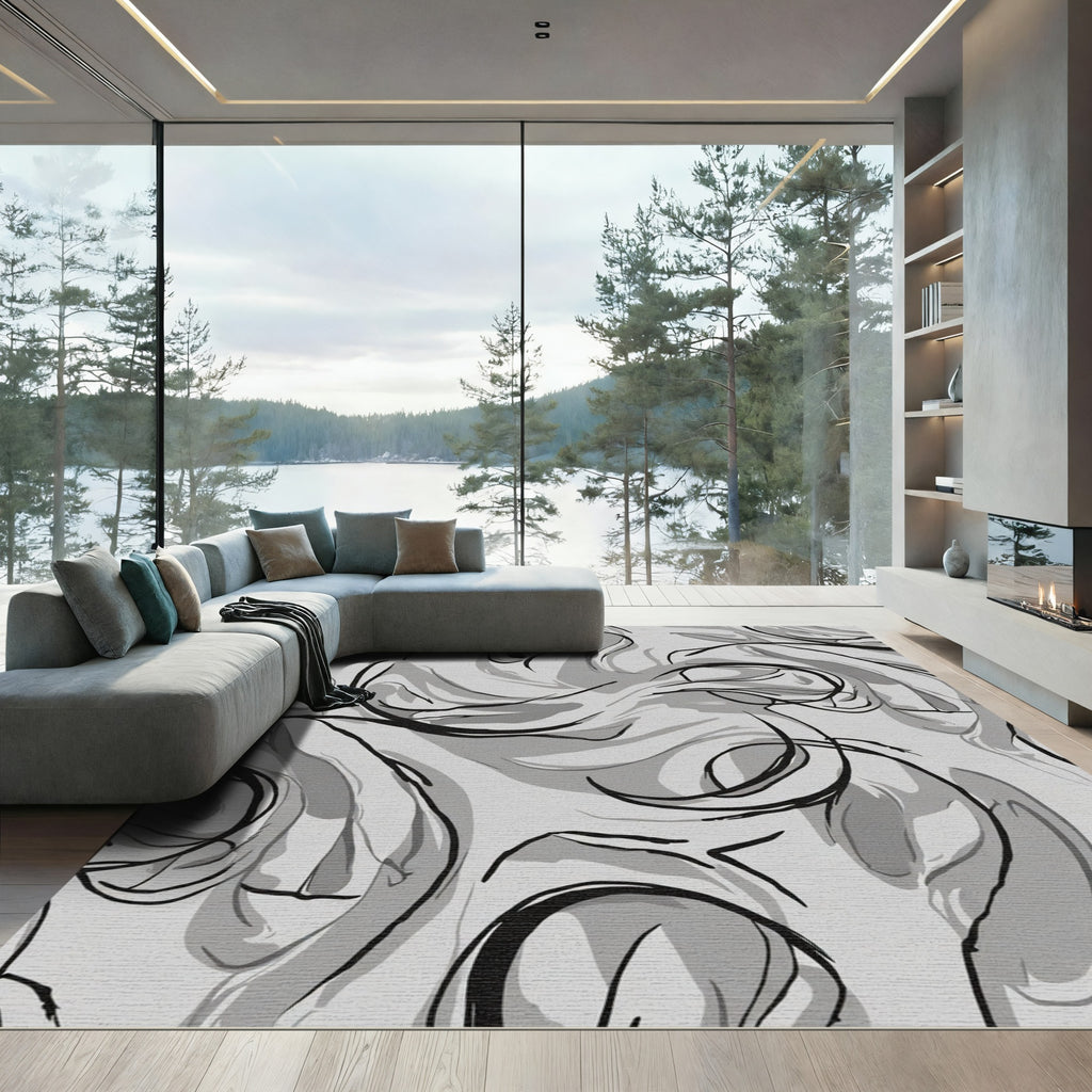 Monochromatic Abstract Swirl Brushstrokes Rug