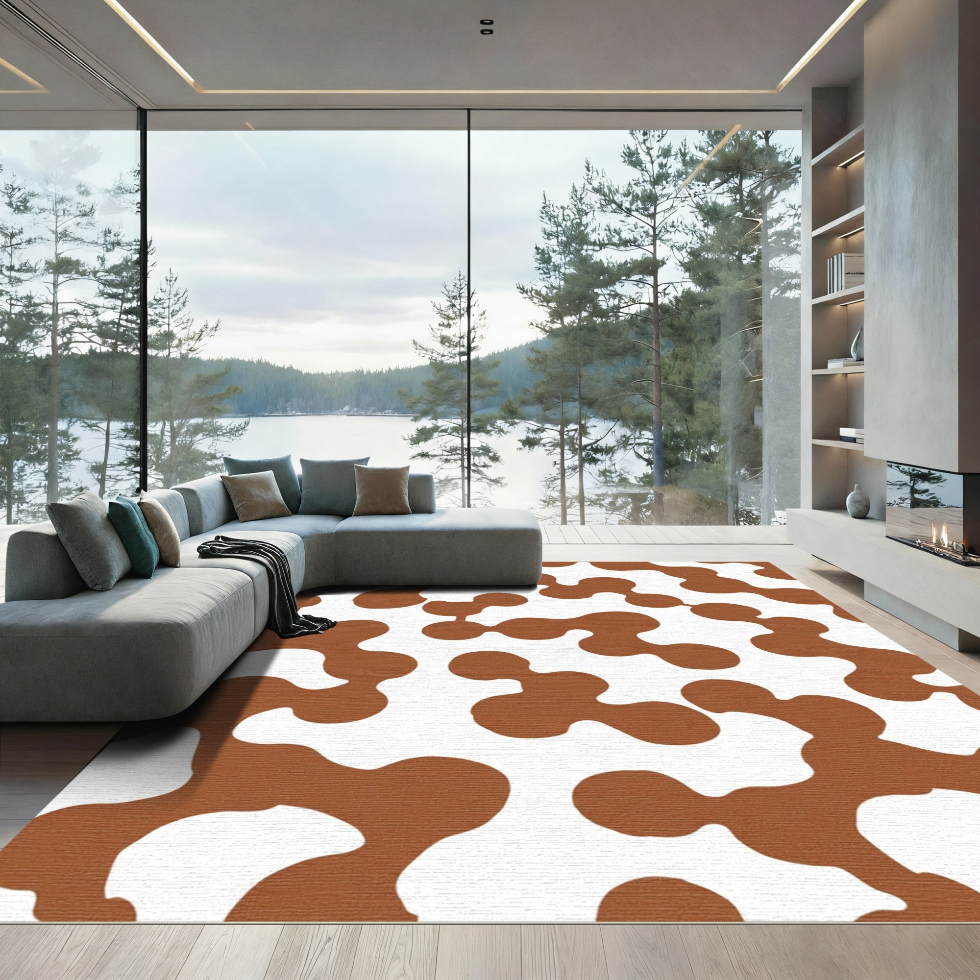 Brown White Organic Blob Composition Rug