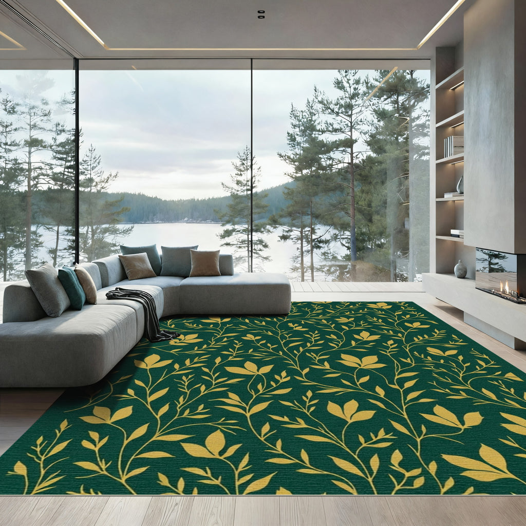 Deep Green Golden Floral Vine Rug