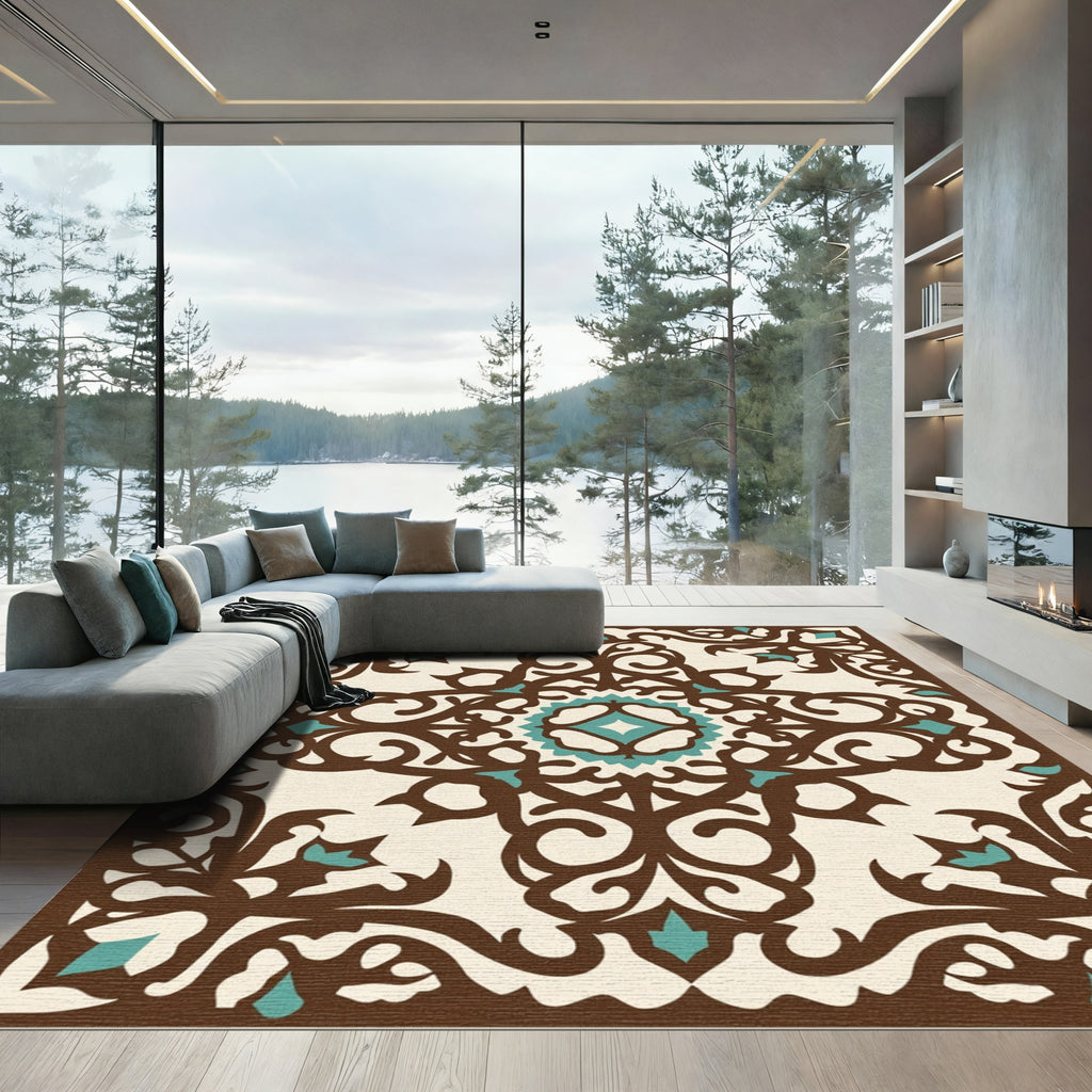 Rustic Brown Teal Floral Medallion Rug