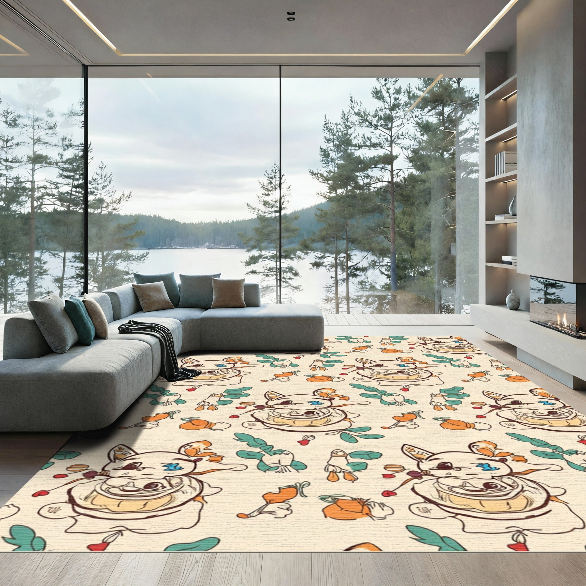 Cream and Orange Whimsical Creature Floral Rug