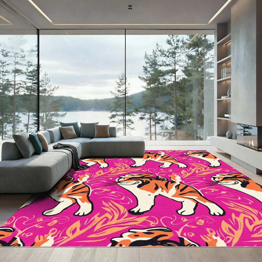 Cheeful Orange Tiger Jungle Pink Rug