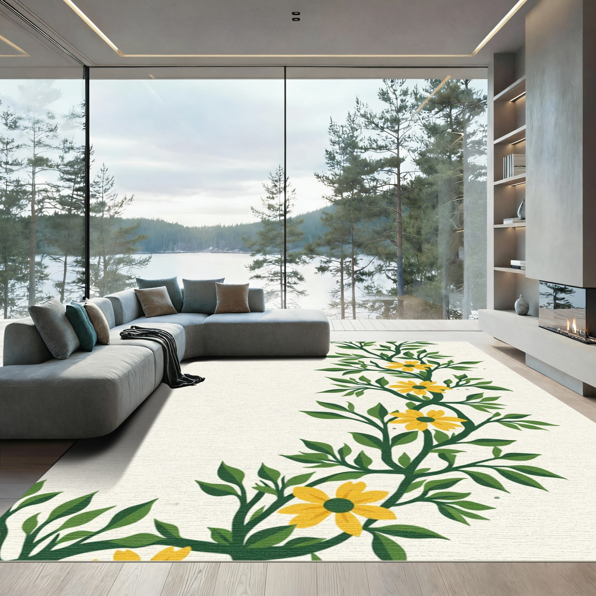 Vibrant Yellow Floral Vine Arrangement Rug