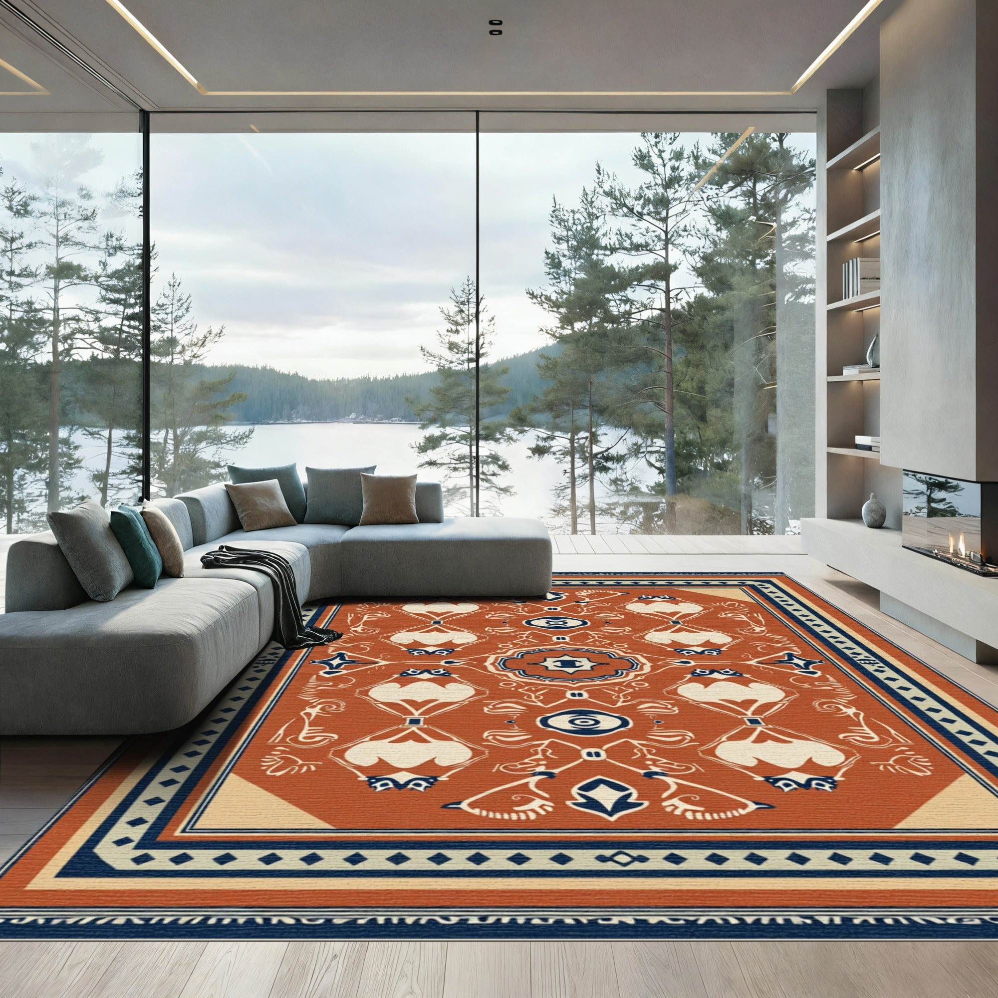 Crimson Cream Indigo Medallion Arabesque Rug