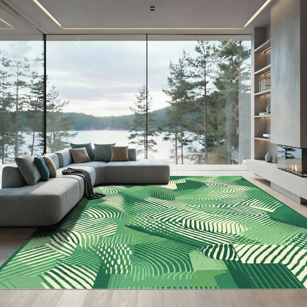 Emerald Green Abstract Line Art Rug