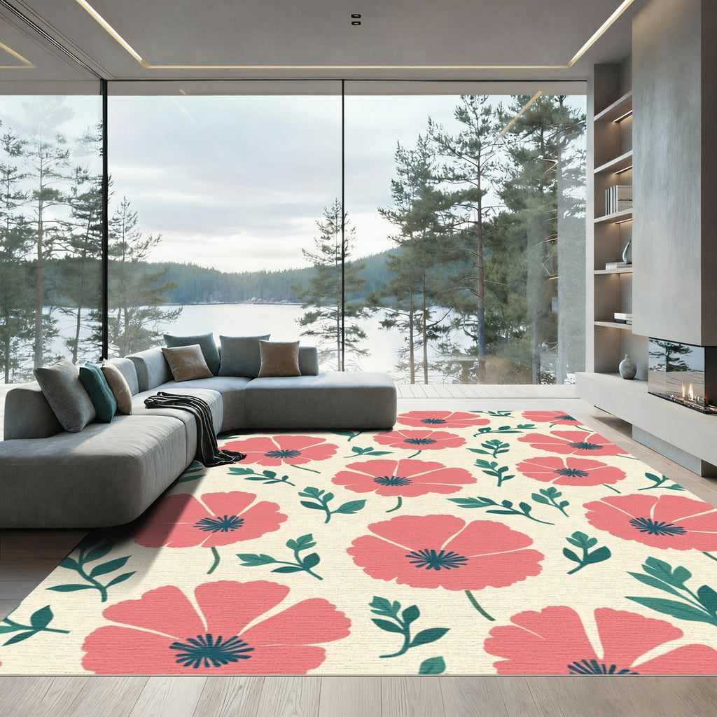 Coral Poppy Garden Leafy Pattern Rug