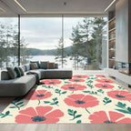 Coral Poppy Garden Leafy Pattern Rug