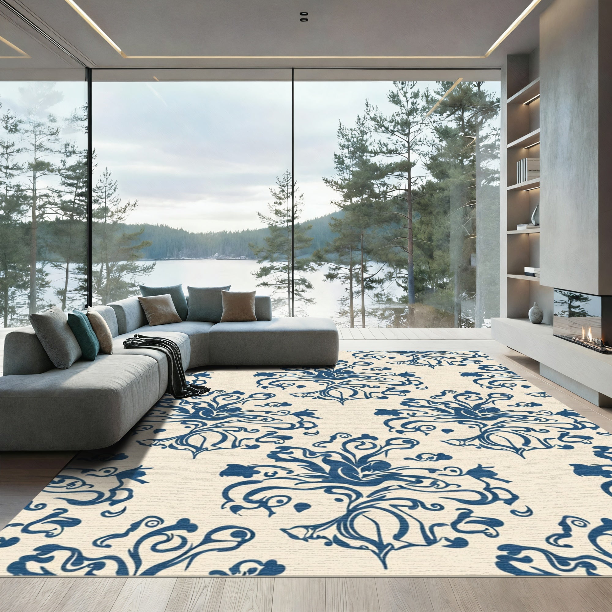 Navy Blue Floral Scrollwork Wallpaper Rug
