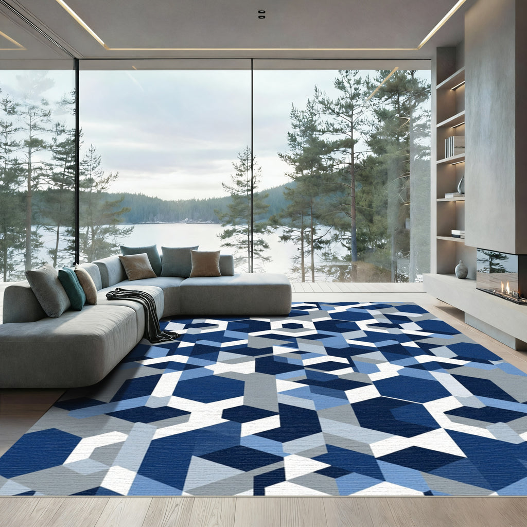 Modern Blue Gray Geometric Hexagons Rug