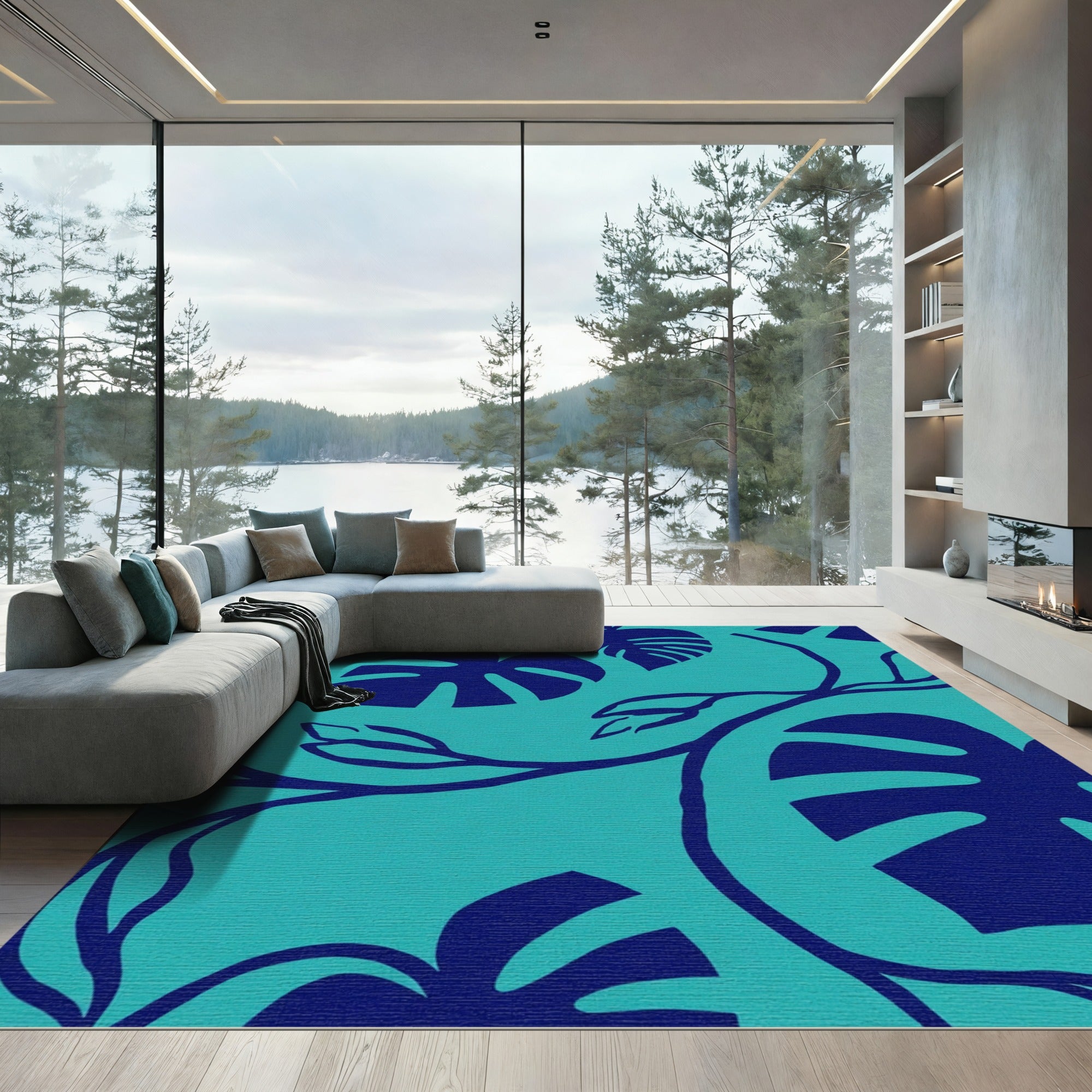 Vibrant Blue Tropical Monstera Leaf Rug