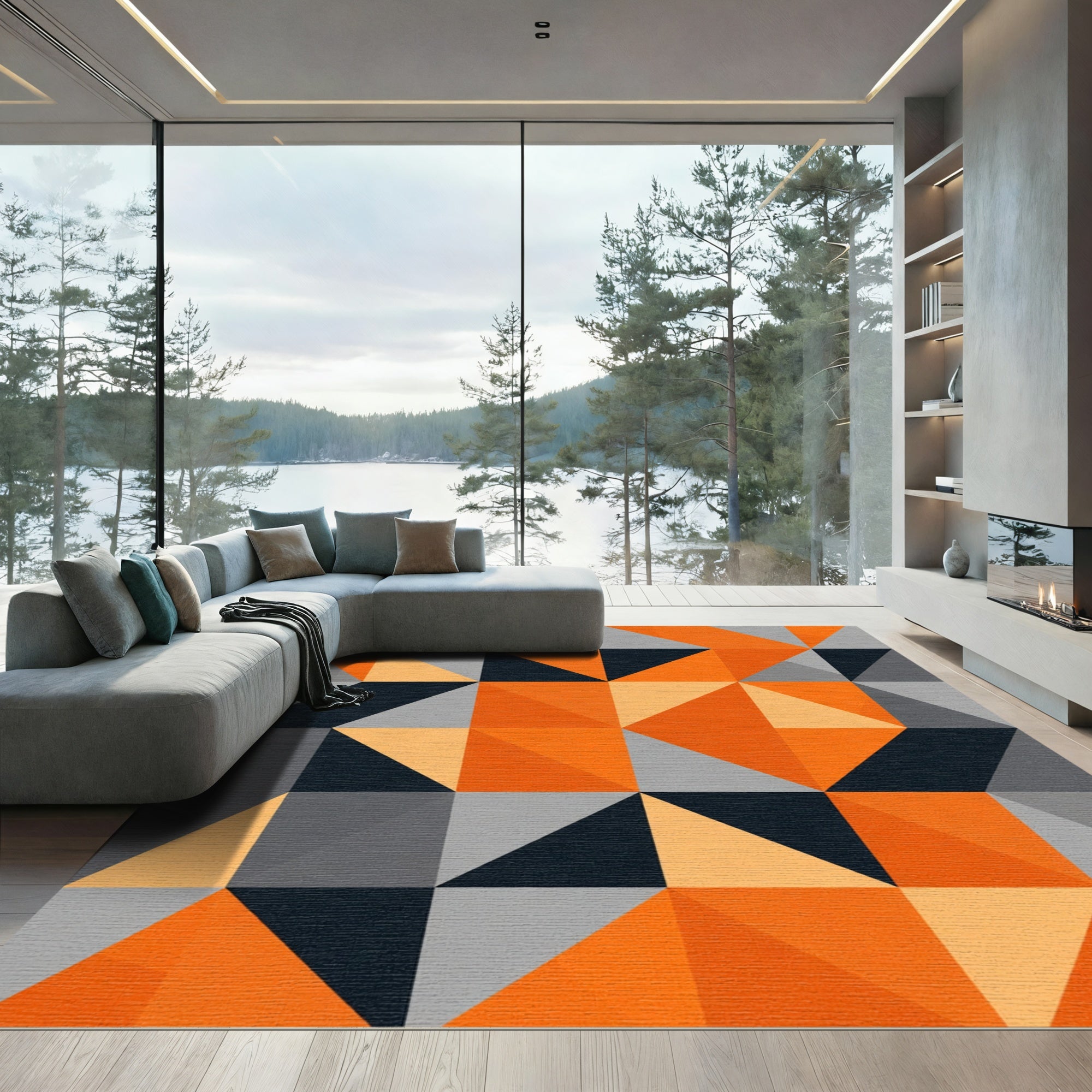 Bold Orange Geometric Triangle Arrangement Rug