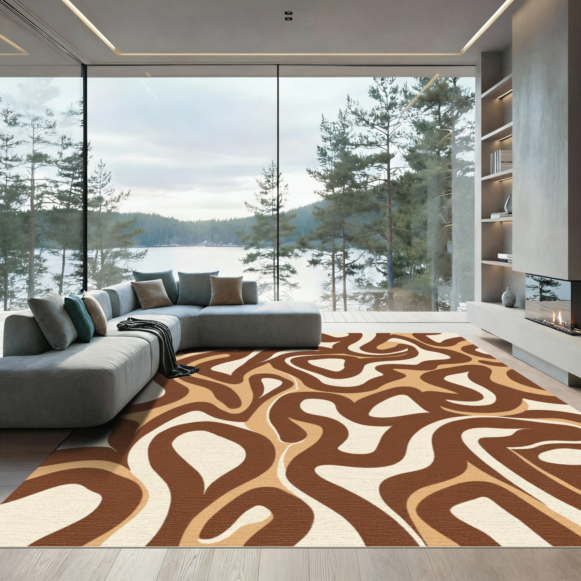 Abstract Retro Swirl Brown Beige Rug