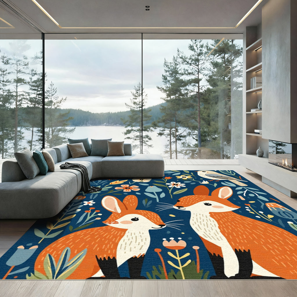 Whimsical Woodland Animals Floral Scene Rug