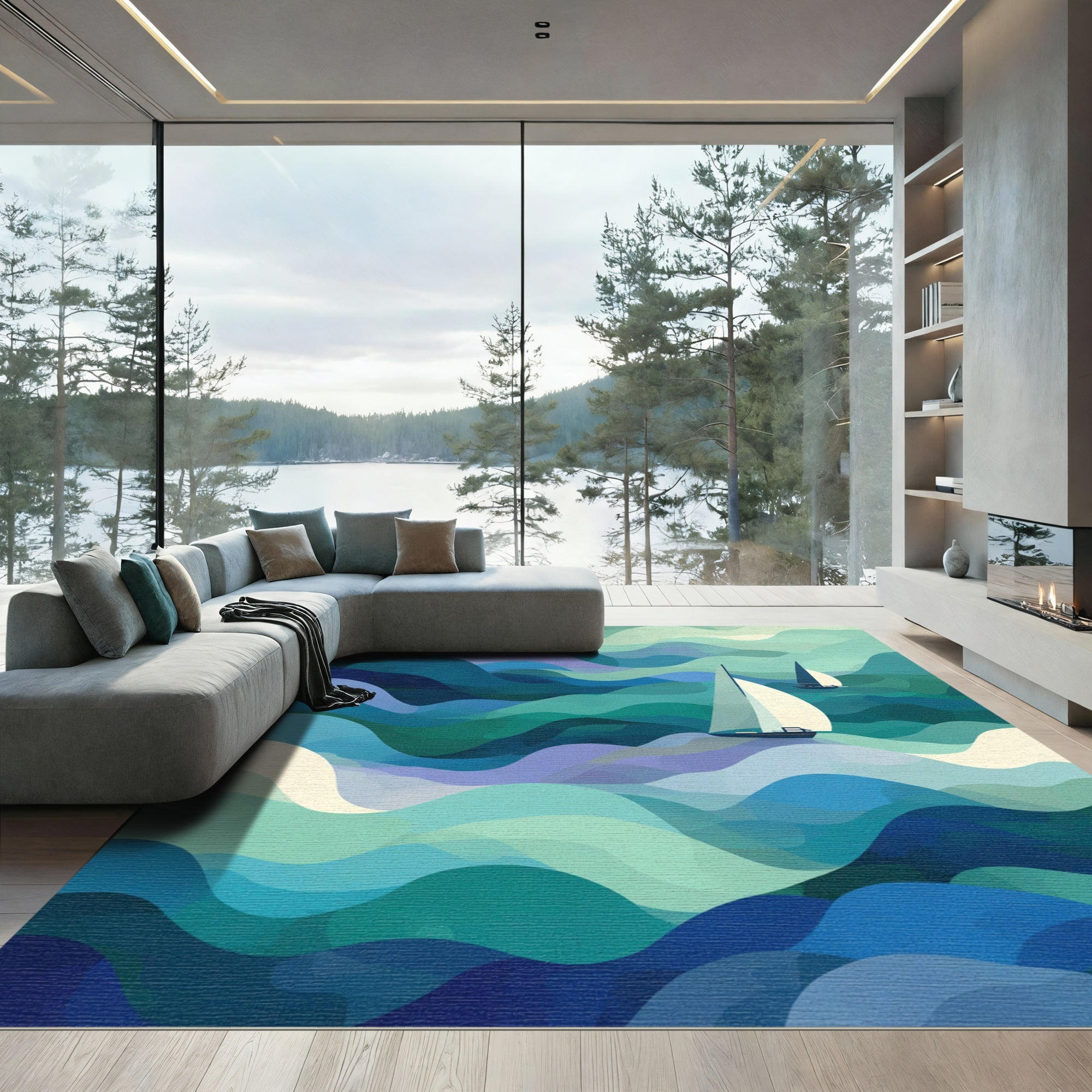 Oceanic Abstract Sailboats Blue Waves Rug