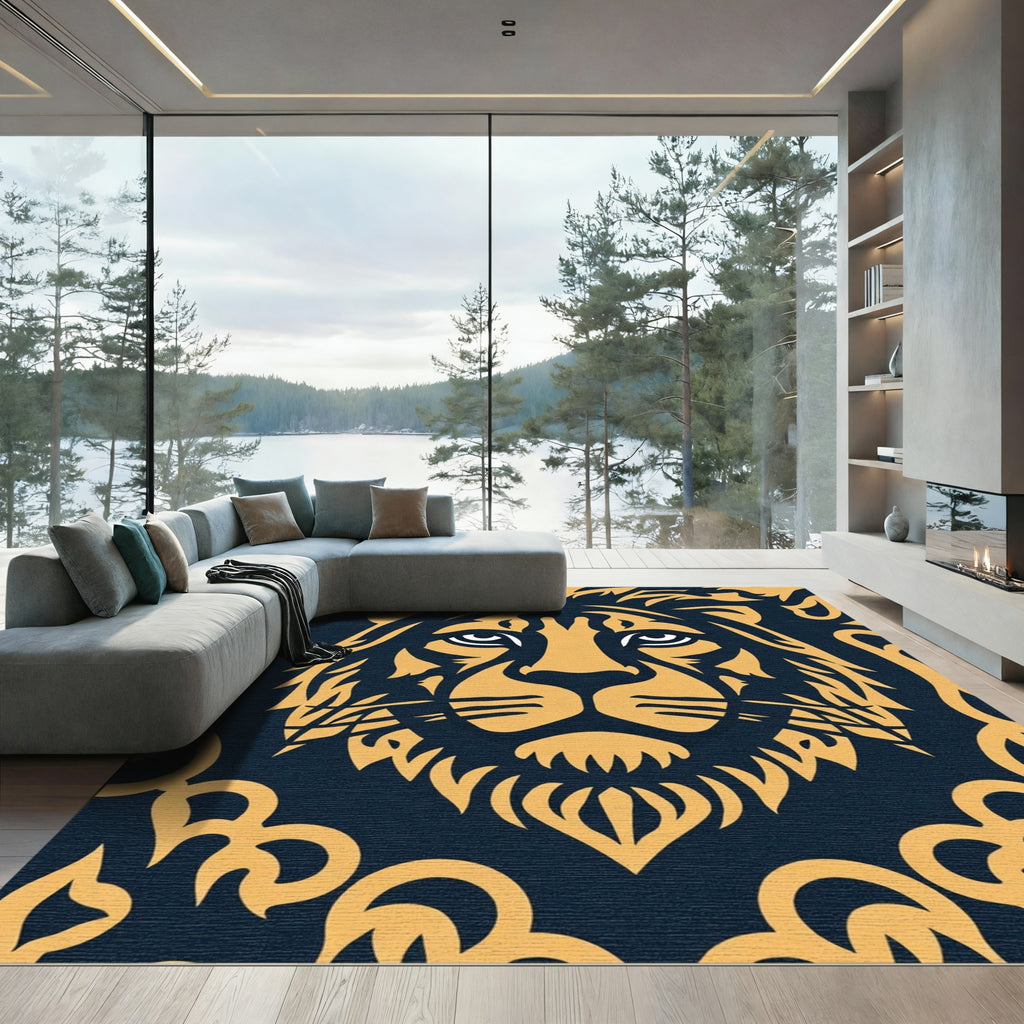 Golden Lion Face Navy Background Rug