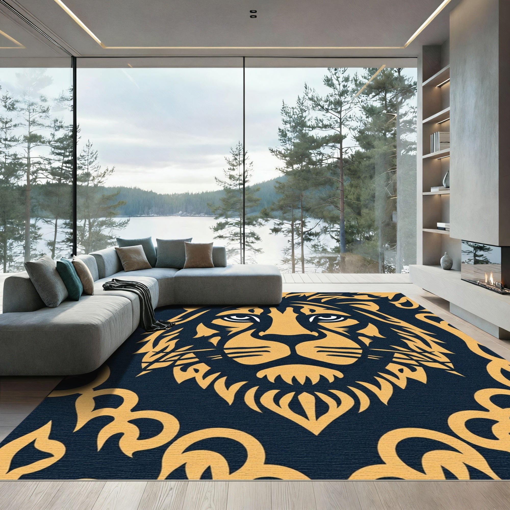 Golden Lion Face Navy Background Rug