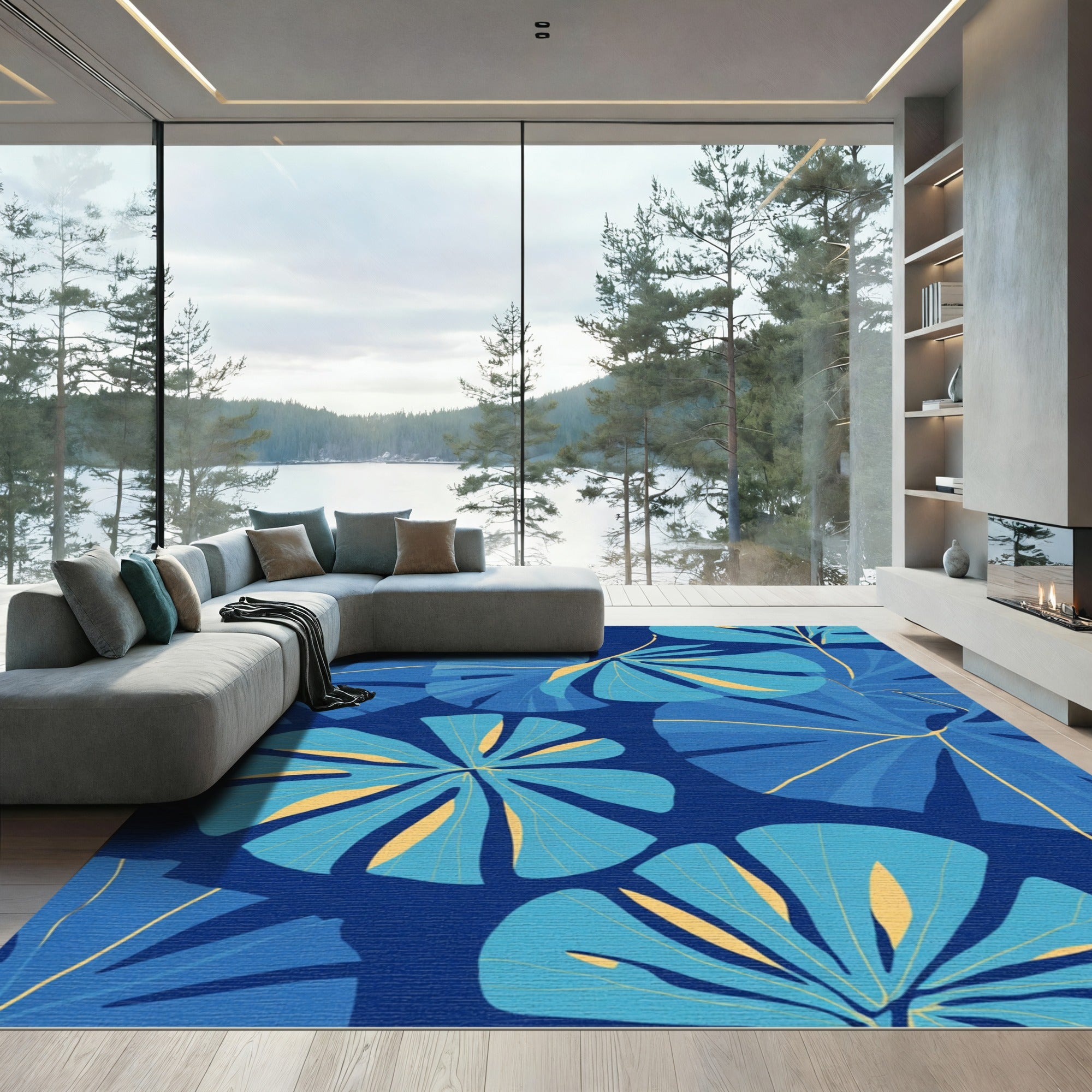 Deep Blue Tropical Leaf Art Rug
