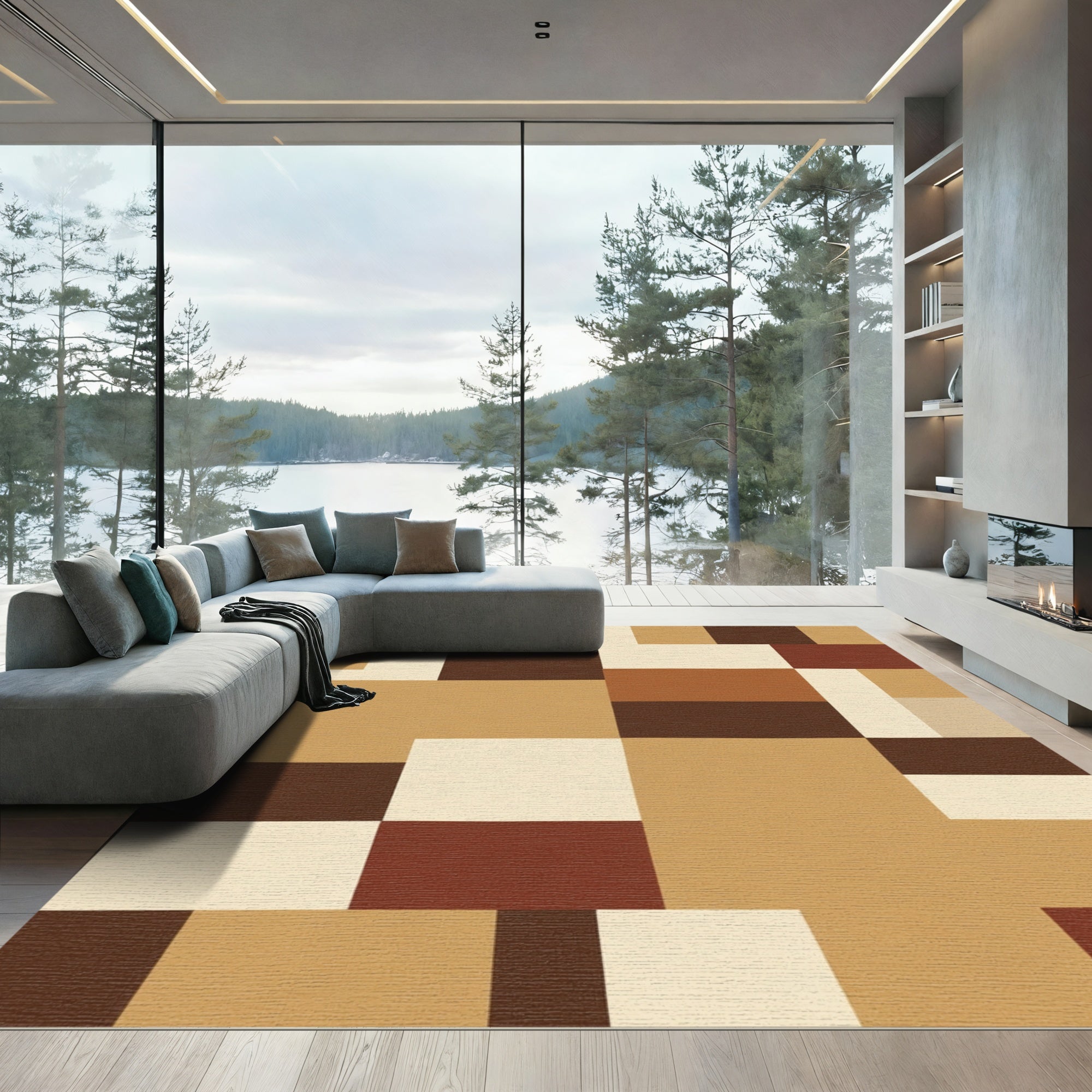 Terracotta Brown Geometric Blocks Rug