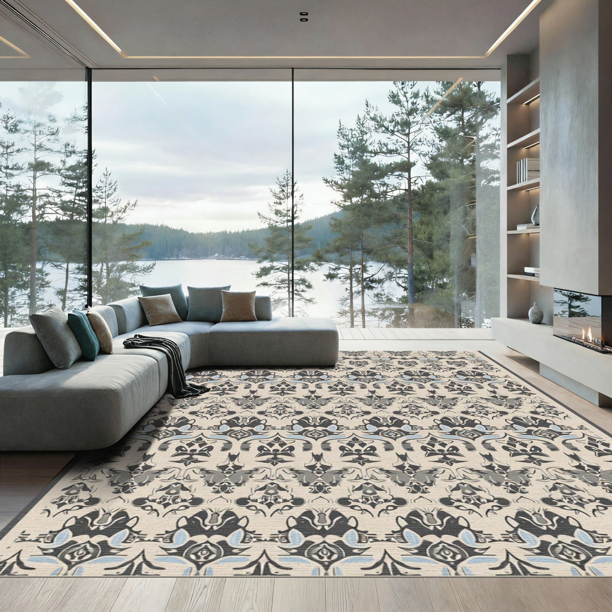 Neutral Gray Black Damask Floral Rug