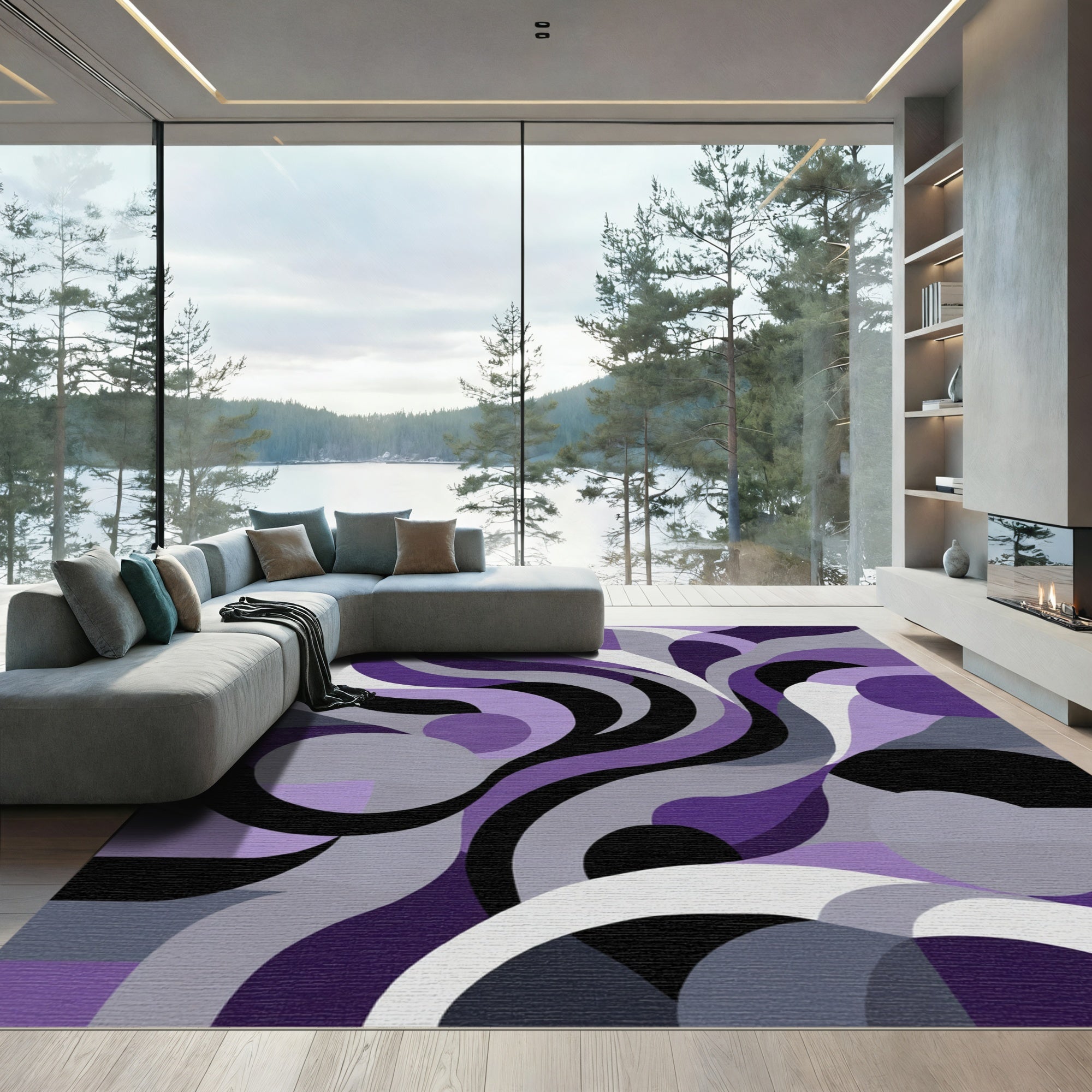 Purple Gray Abstract Swirl Composition Rug