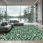 Cream Floral Scrollwork on Dark Green Rug