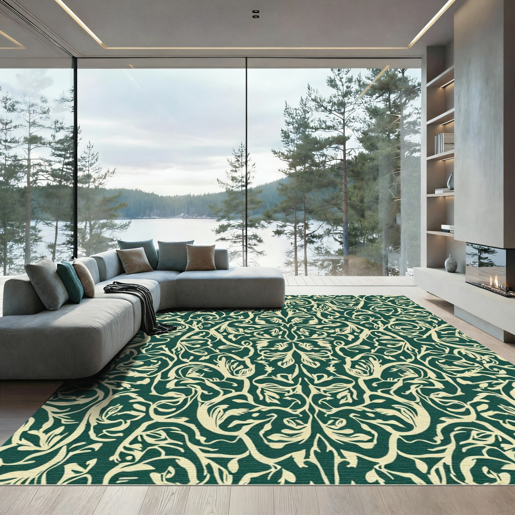 Cream Floral Scrollwork on Dark Green Rug