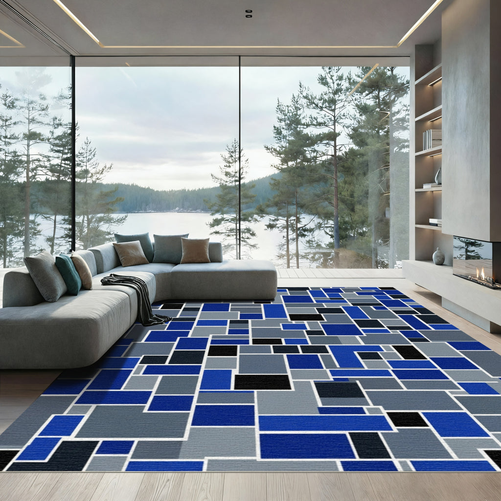 Modern Blue Gray Geometric Composition Rug