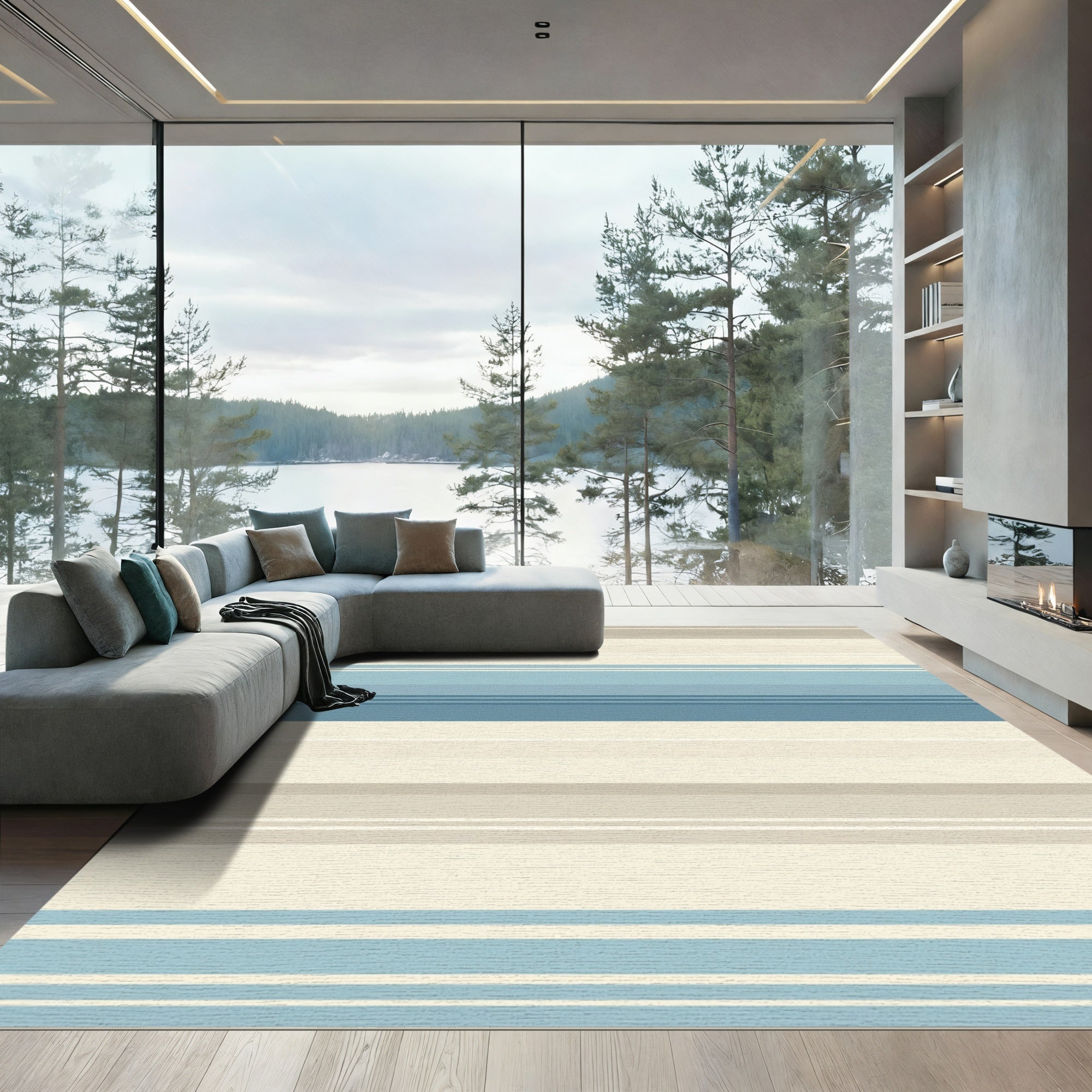 Coastal Blue Beige Horizontal Stripe Rug
