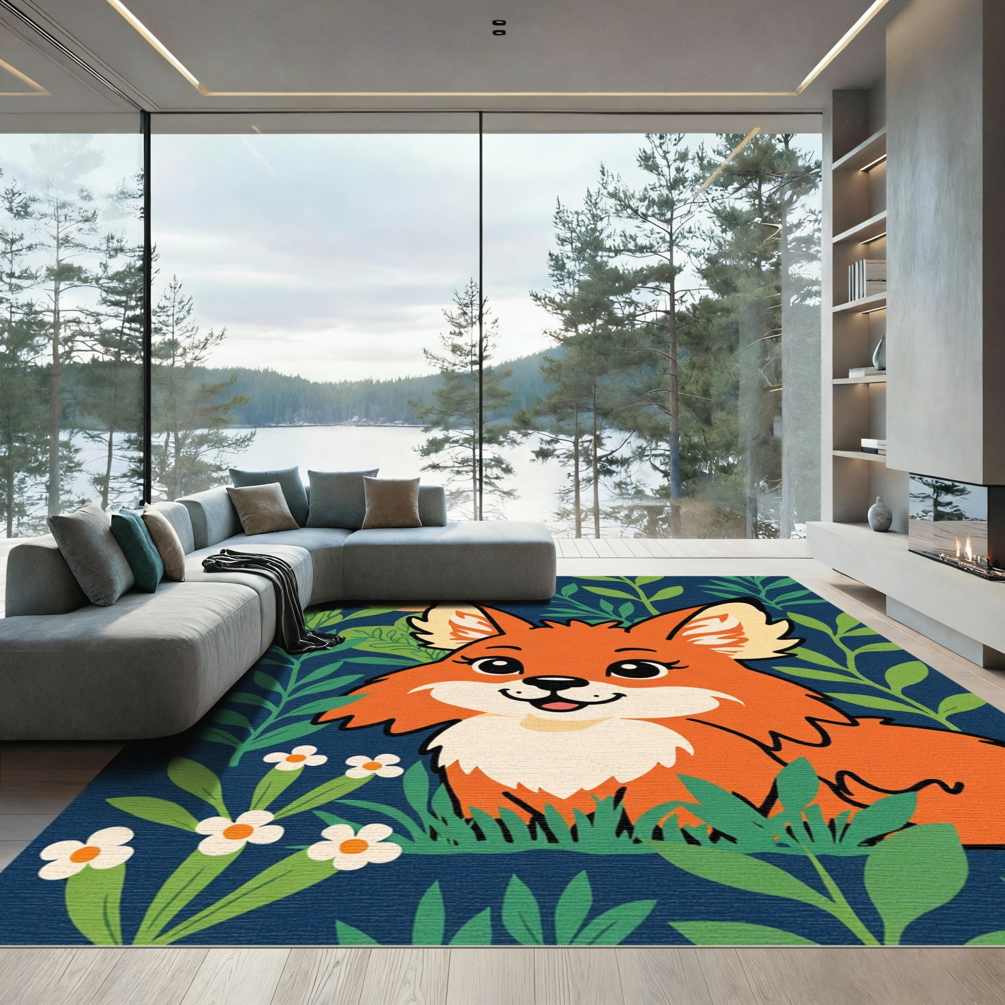 Cute Orange Fox Garden Whimsy Rug