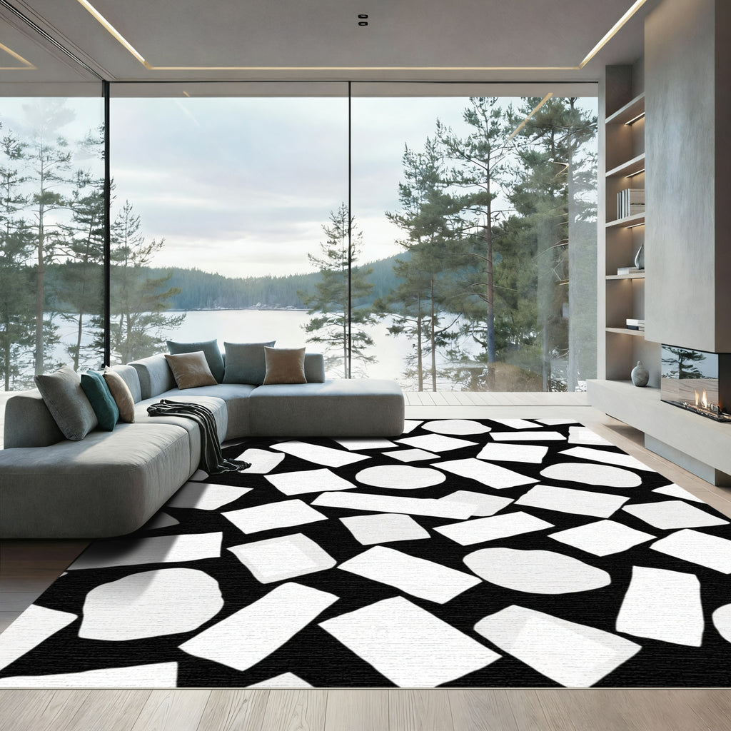 White Organic Shapes Scattered Black Rug