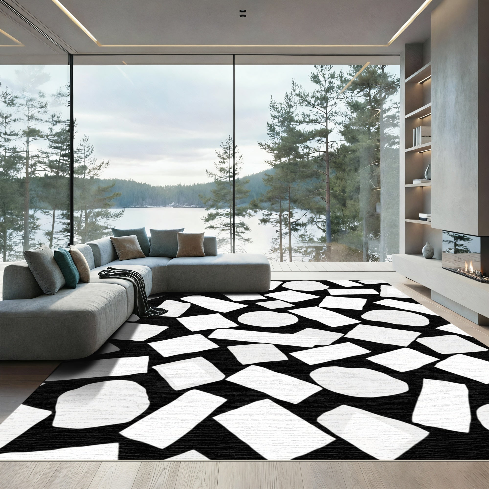 White Organic Shapes Scattered Black Rug