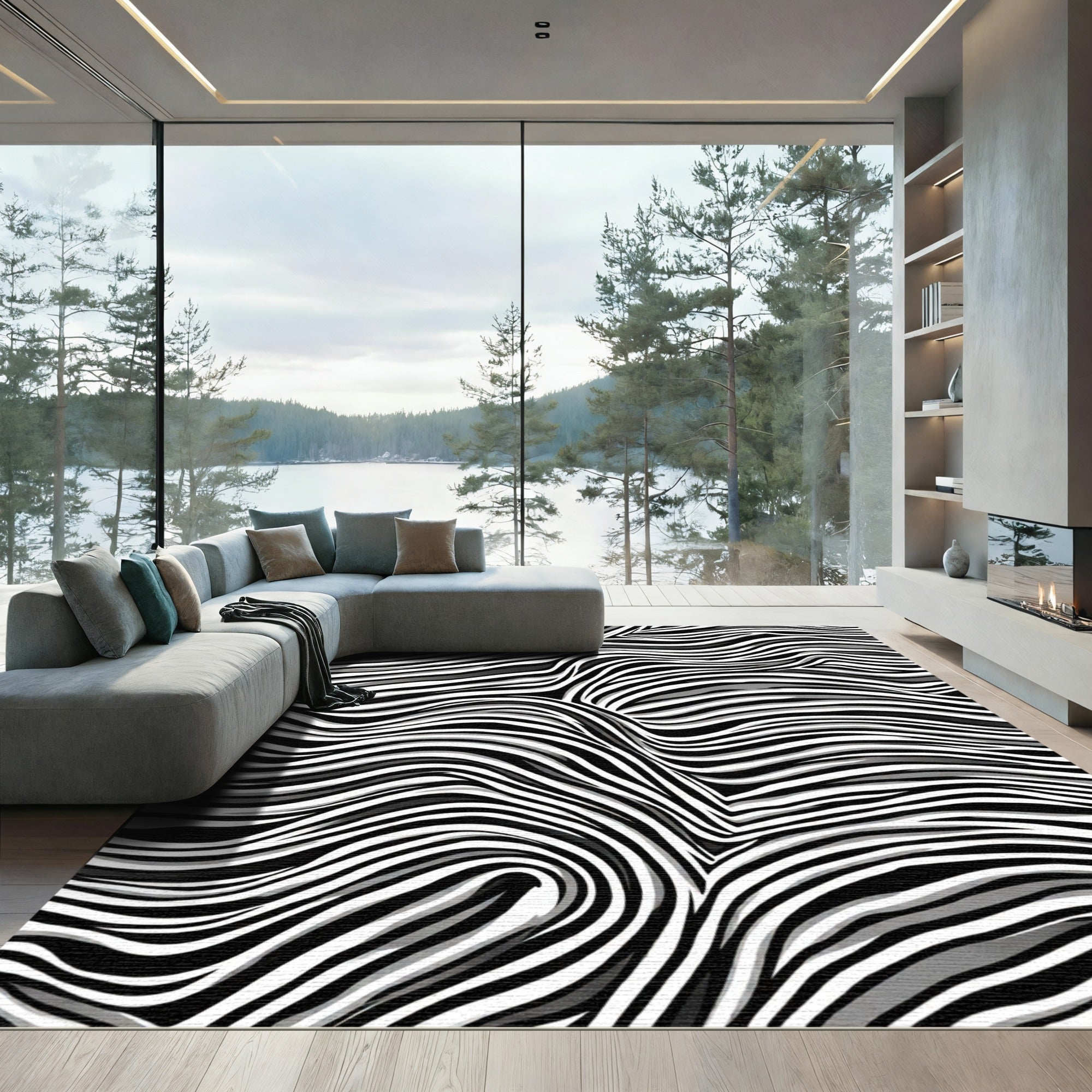Bold Black White Wavy Stripe Rug