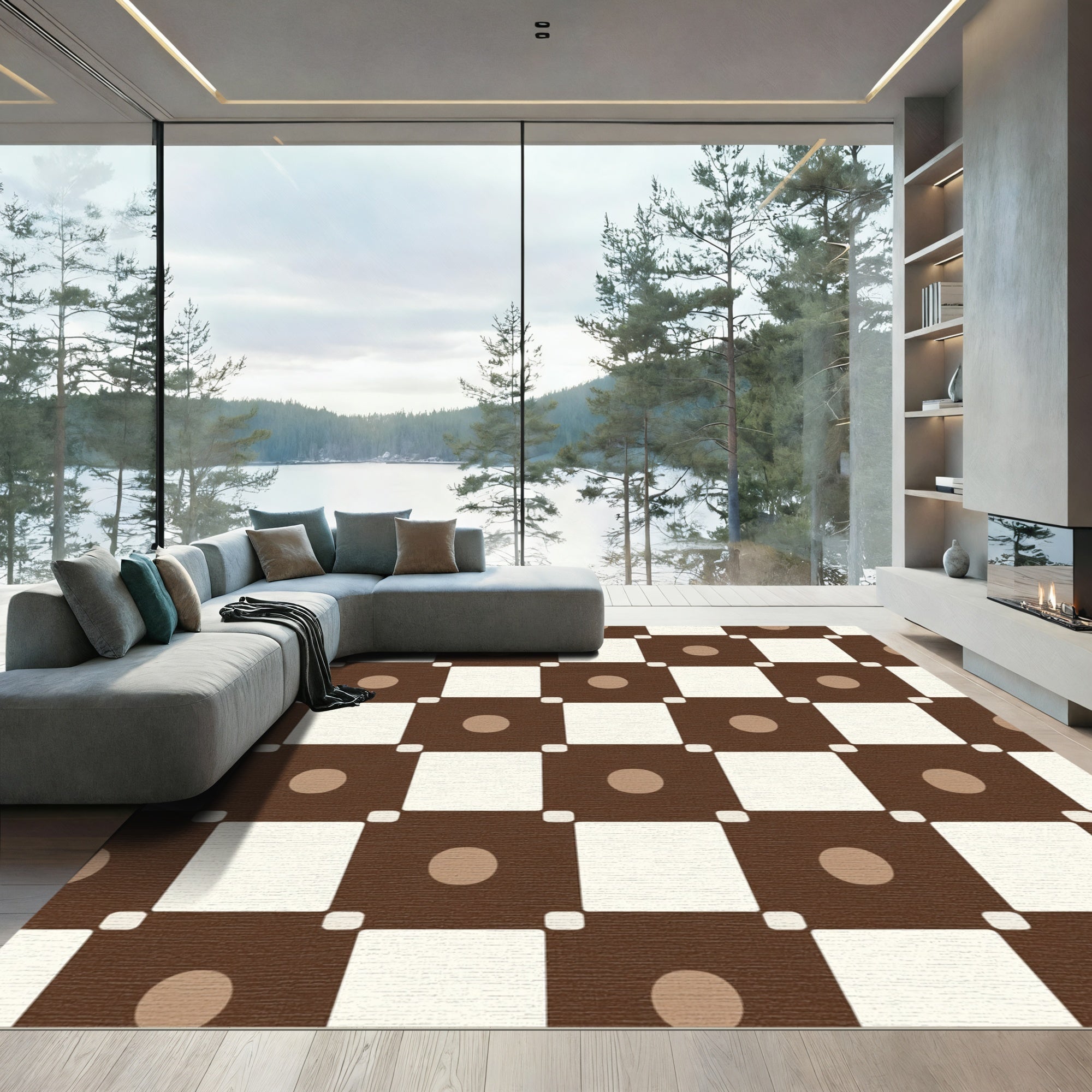 Brown Cream Dot Checkerboard Rug