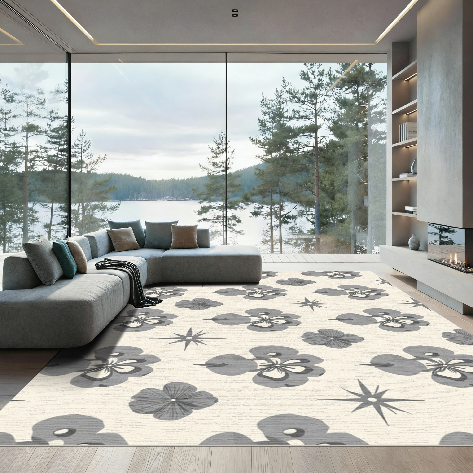 Retro Gray Floral Starburst Rug