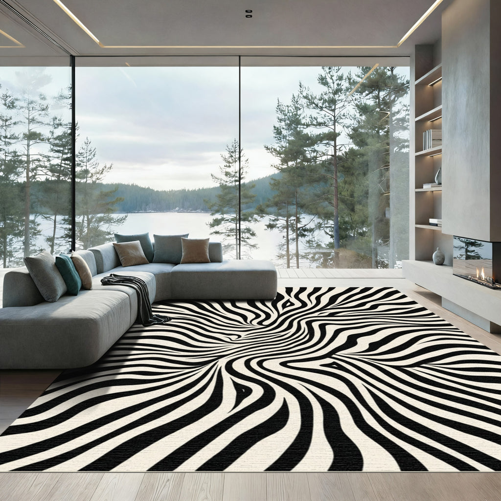 Black Cream Abstract Swirl Zebra Rug