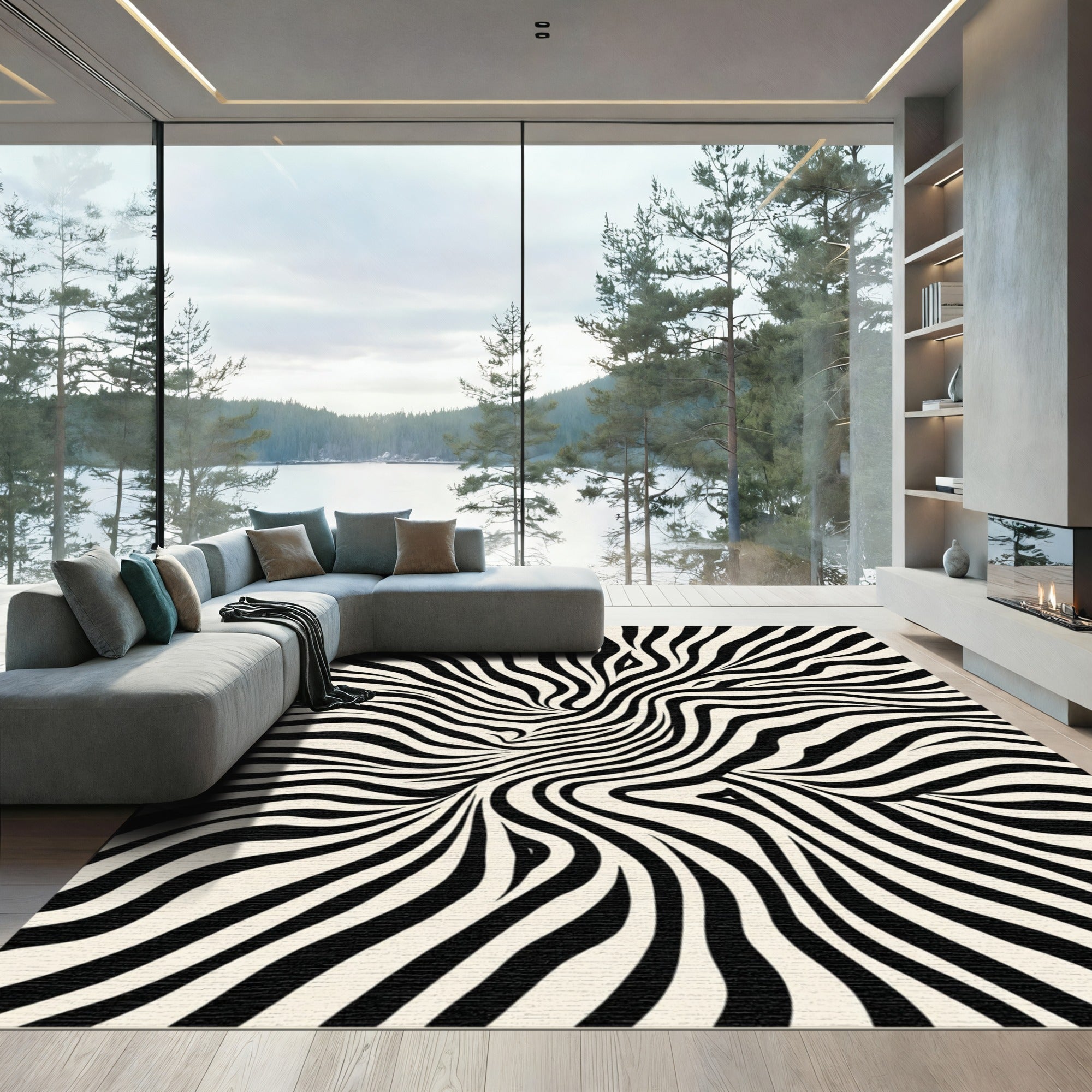 Black Cream Abstract Swirl Zebra Rug