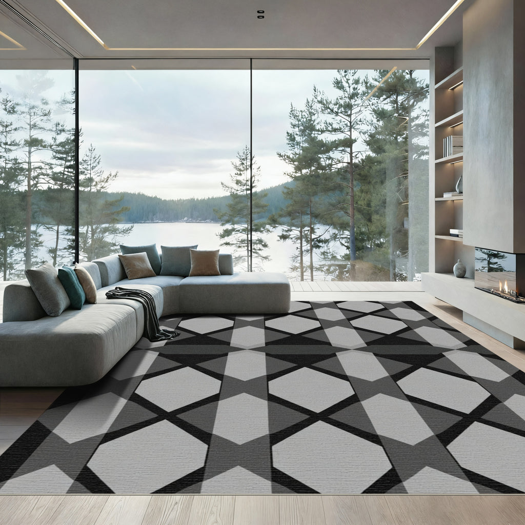 Gray Hexagon Stripe Geometric Rug