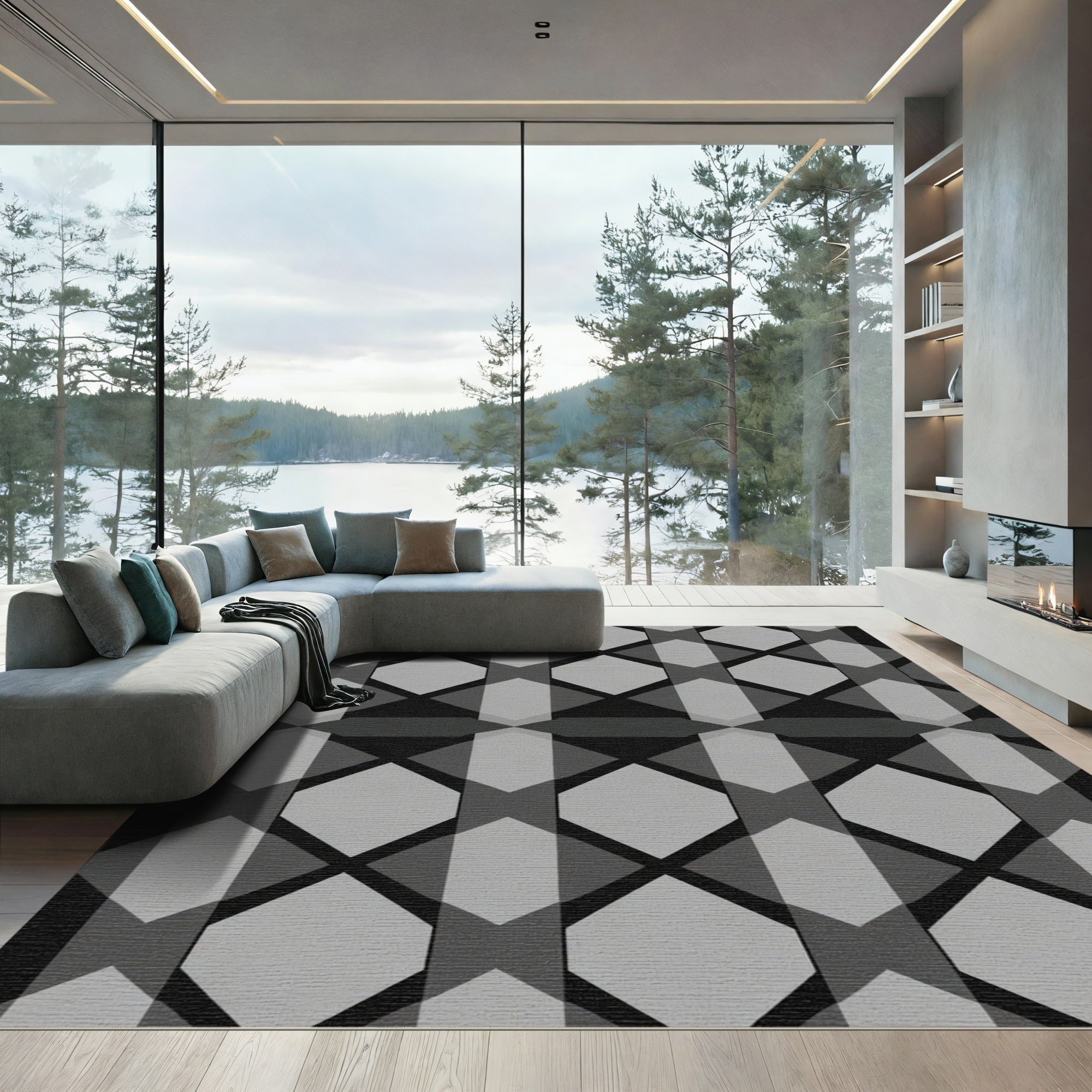 Gray Hexagon Stripe Geometric Rug