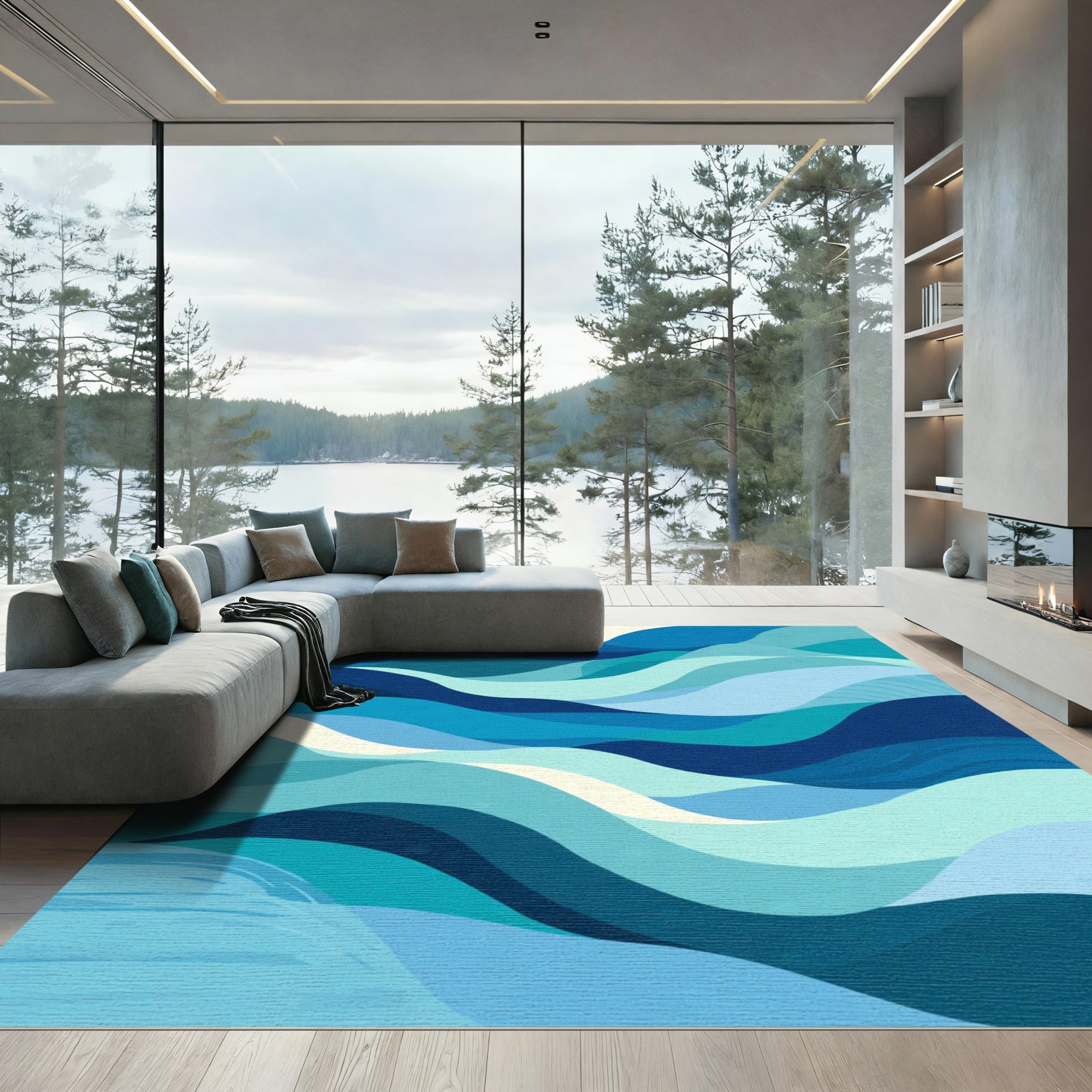 Teal Blue Layered Abstract Waves Rug