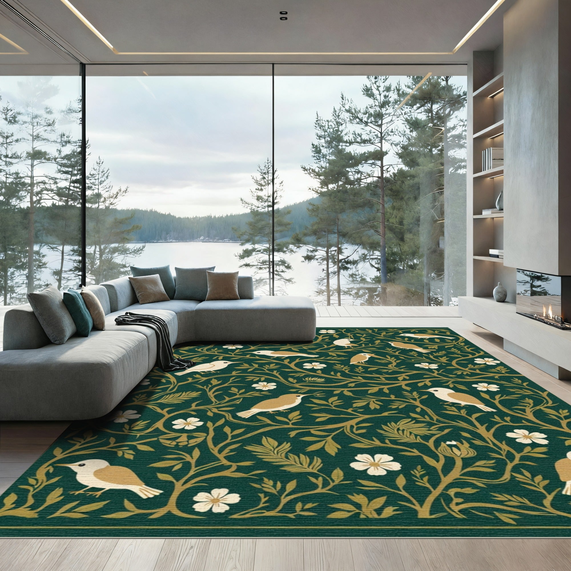 Dark Green Botanical Birds Floral Rug