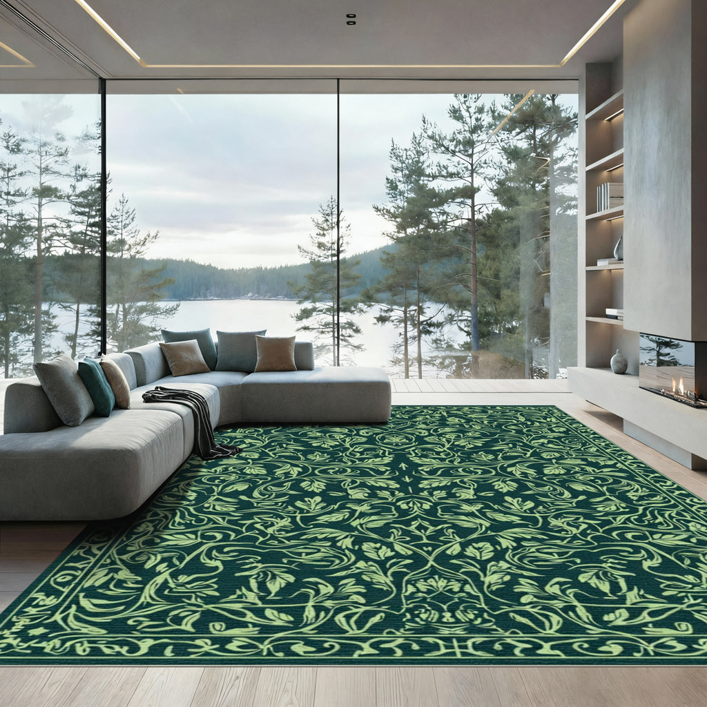 Earthy Green Floral Vine Art Nouveau Rug