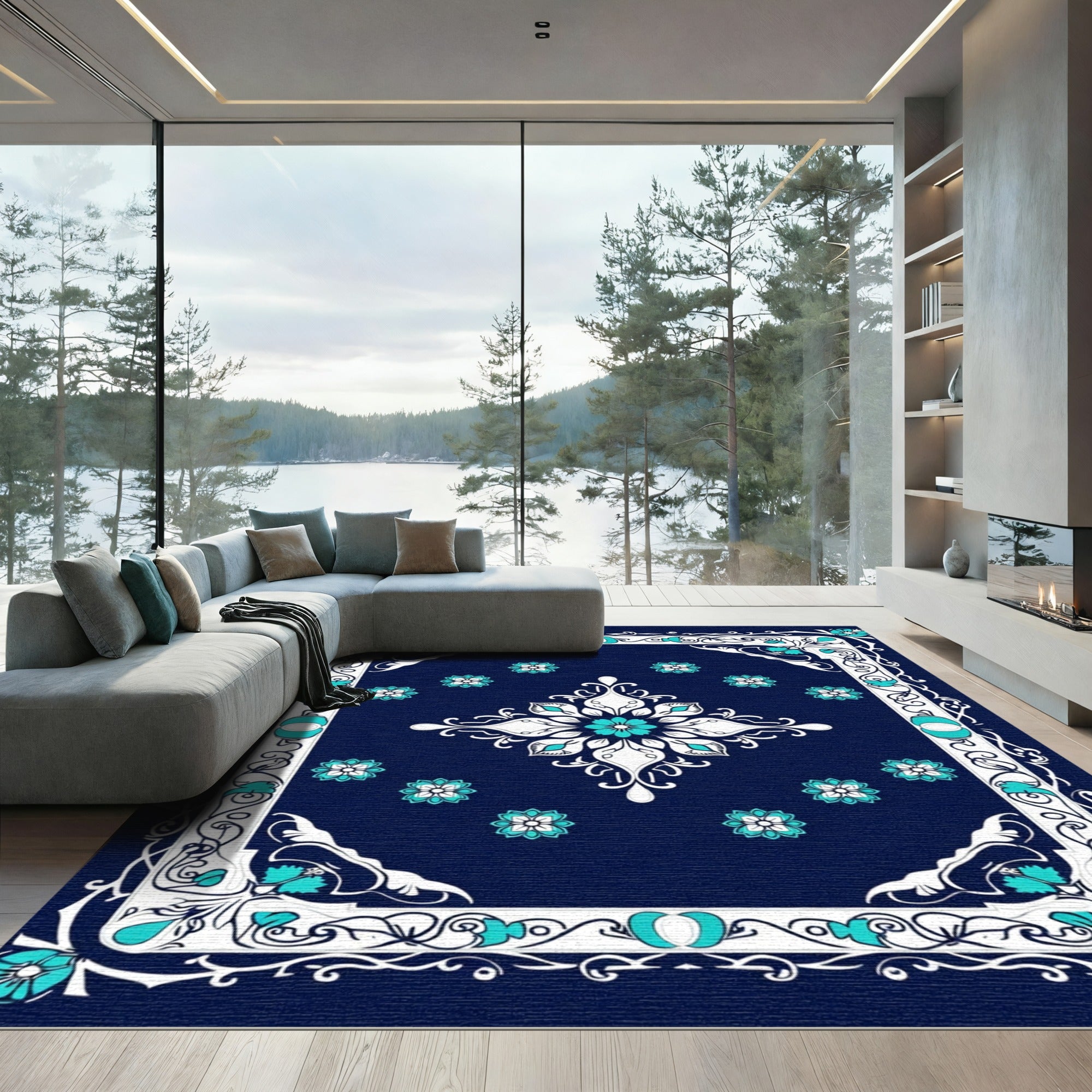 Navy Blue Turquoise Floral Diamond Medallion Rug