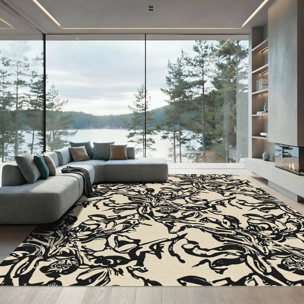 Bold Black Floral Botanical Repeats Rug